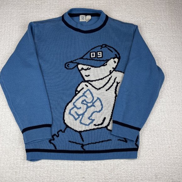VINTAGE 725 Originals Sweater Blue AOP Y2K Hip Hop Baggy Knit Graphic Size M - Picture 8 of 16